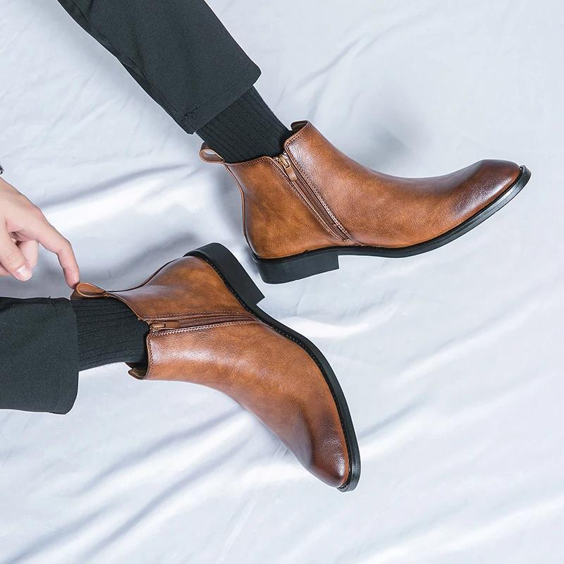 Fashion Brown Chelsea Boots Men Business Black Round Toe Zipper Slip-On Solid Men's Formal Boots Size 38-45