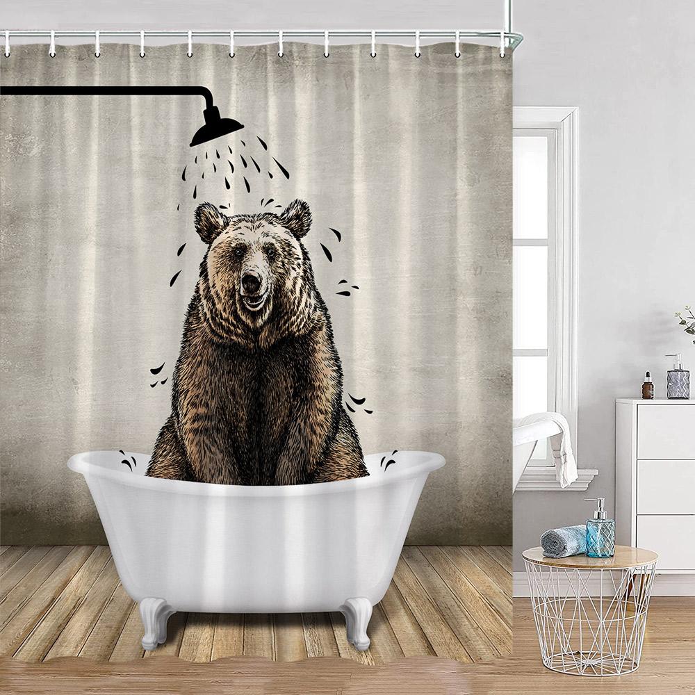 Funny Bear Shower Curtains Bathing Bear Wooden Plank Pattern Fabric Bathroom Decor Bear Silouette Rustic Bath Curtain With Hooks