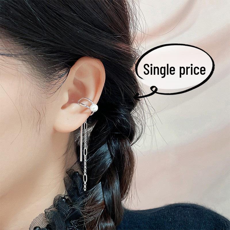 Non-Pierced Double-Layer Tassel Ear Cuff with Long Chain and Trendy Hong Kong Style
