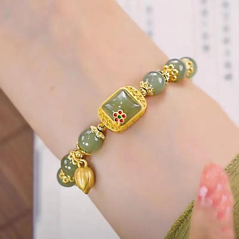 Chinese Style Imitating Hetian Jade Bracelet Square Sugar Lotus Beaded Bracelet High-End Generous Light Luxury Lucky Bracelet