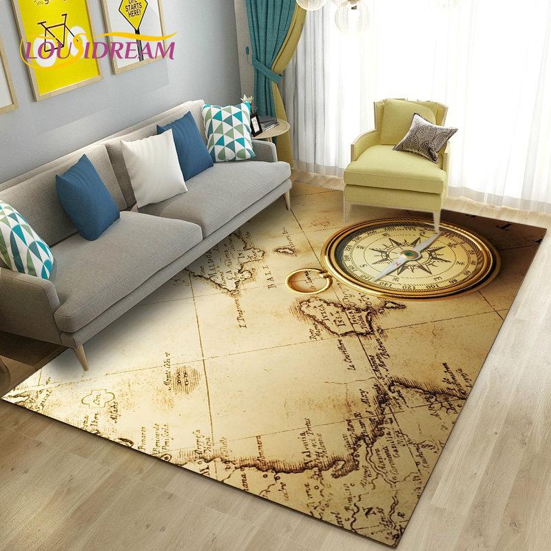 Retro Compass Vintage World Map Area Rug,Carpet Rug for Living Room Bedroom Sofa Doormat Decoration,Kid Play Non-slip Floor Mat