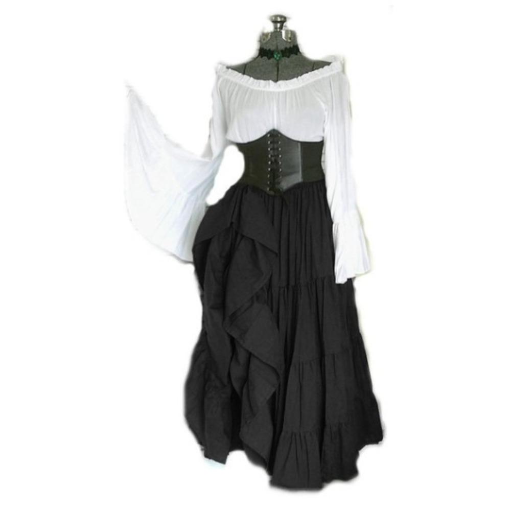 Women's Off Shoulder Long Sleeve Maxi Dress Loose Fit High Waist Renaissance Medieval Cosplay Dress
