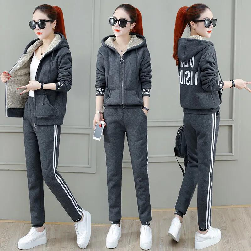 Tuta Maglione in Pile di Agnello da Donna Autunno e Inverno Casual Plus Velluto Ispessito Abbigliamento Sportivo Invernale Due Pezzi Abbigliamento da Donna