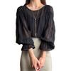 [MEME XTRA] Shirred Sheer Blouse for Women – Chiffon, Semi-Transparent, Boat Neck, Long Sleeve with Ruffled Cuffs, Loose Fit, Stylish and Simple
