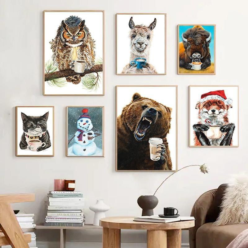 Funny Animal, Tiger, Owl, Dog, Cat Drinking Coffee, Poster, Canvas, Painting, Lama, Latte, Coffee, Art Painting for Decoration Cafe