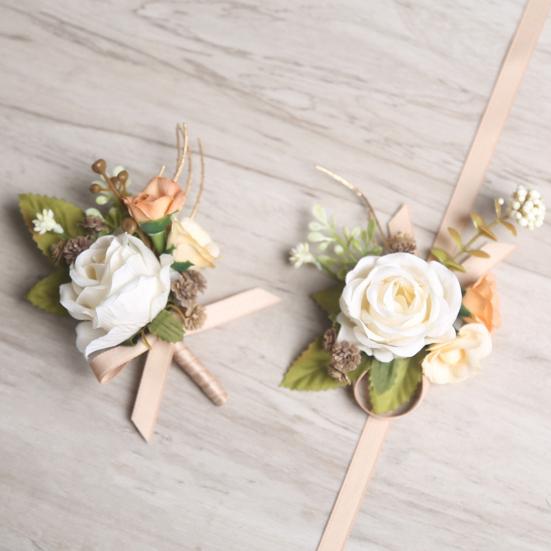 Rose Bud Wedding Flower Set, Wrist Corsage for Bride Bridesmaid & Boutonniere for Groom Groomsman, Artificial Silk Floral Party Accessories