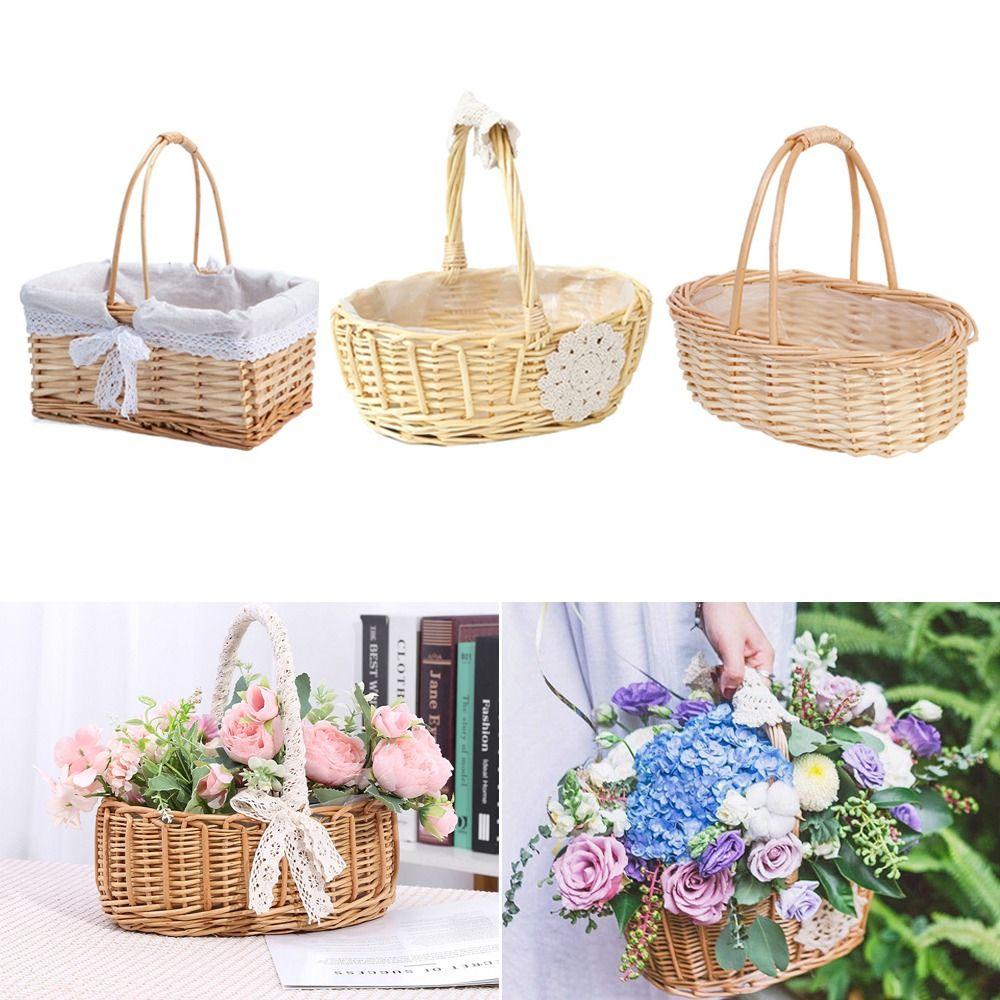 New Willow Rattan Bride Flower Basket Hand-Woven Picnic Container Picnic Weaving Basket with Handle Sundries Organizer Wedding