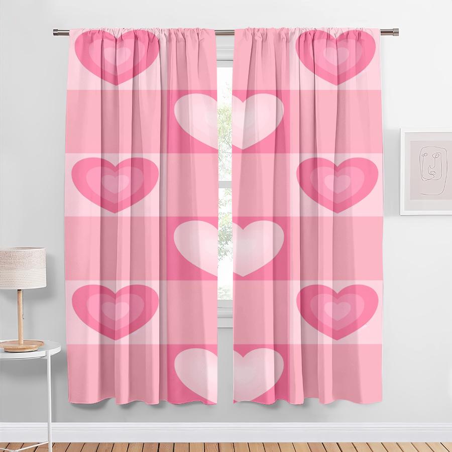 2PCS Pink Gradient Love Grid Curtains, Soft and Sweet Style, Living Room and Bedroom, Drawbar Pocket Decoration
