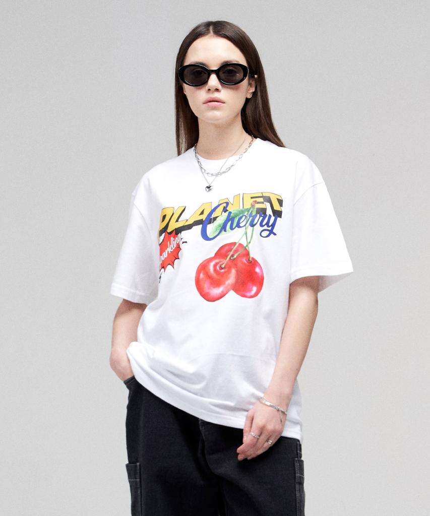 ELIMENO El Planet Cherry Oversized Short Sleeve Tee White