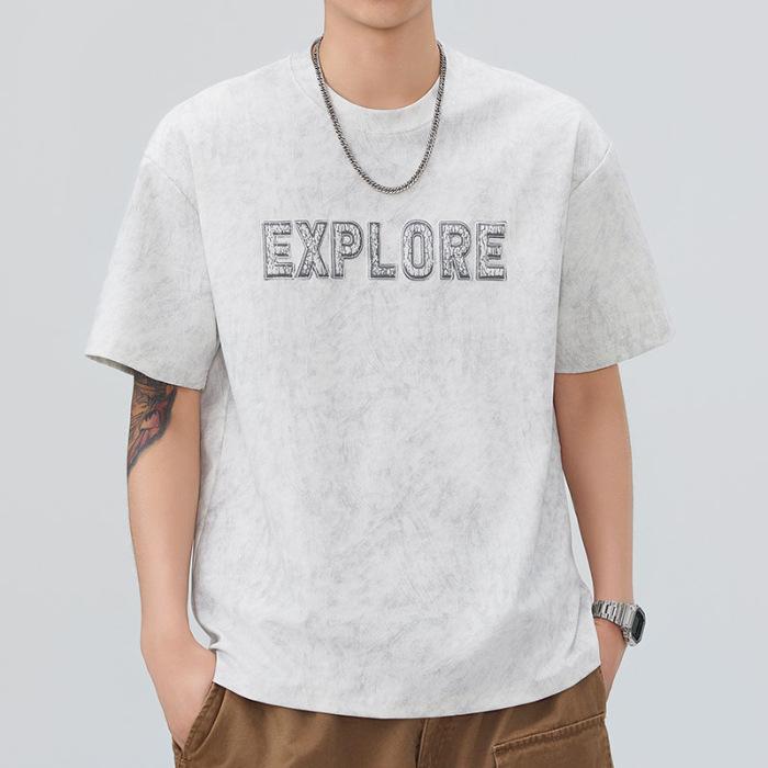American Round Neck T-shirt Men's Loose Summer Frying Wash Water Foam Printed American Short Sleeves