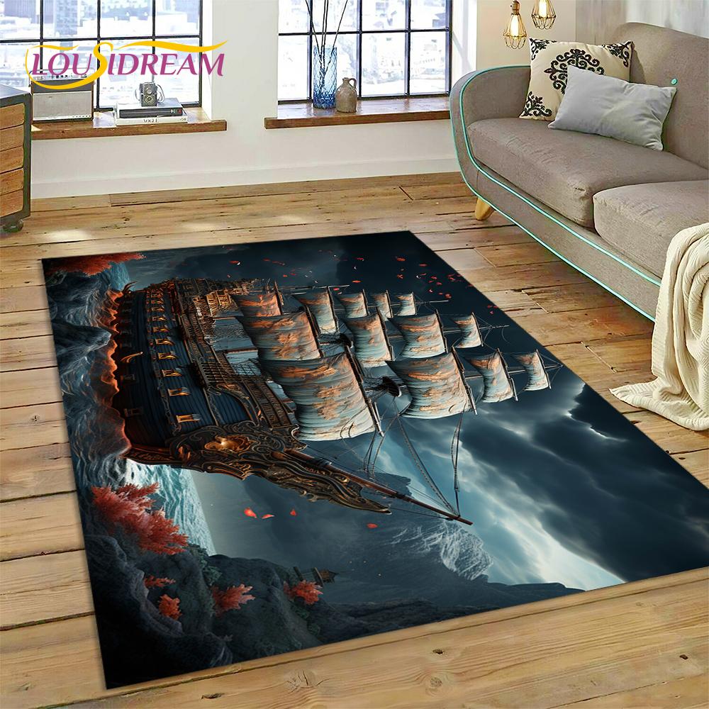 Ancient Pirate Ship Boat,Barque,Sailboa Rug Carpet for Living Room Bedroom Decor,Floor Mat Non-slip Decoration for Sofa Doormat