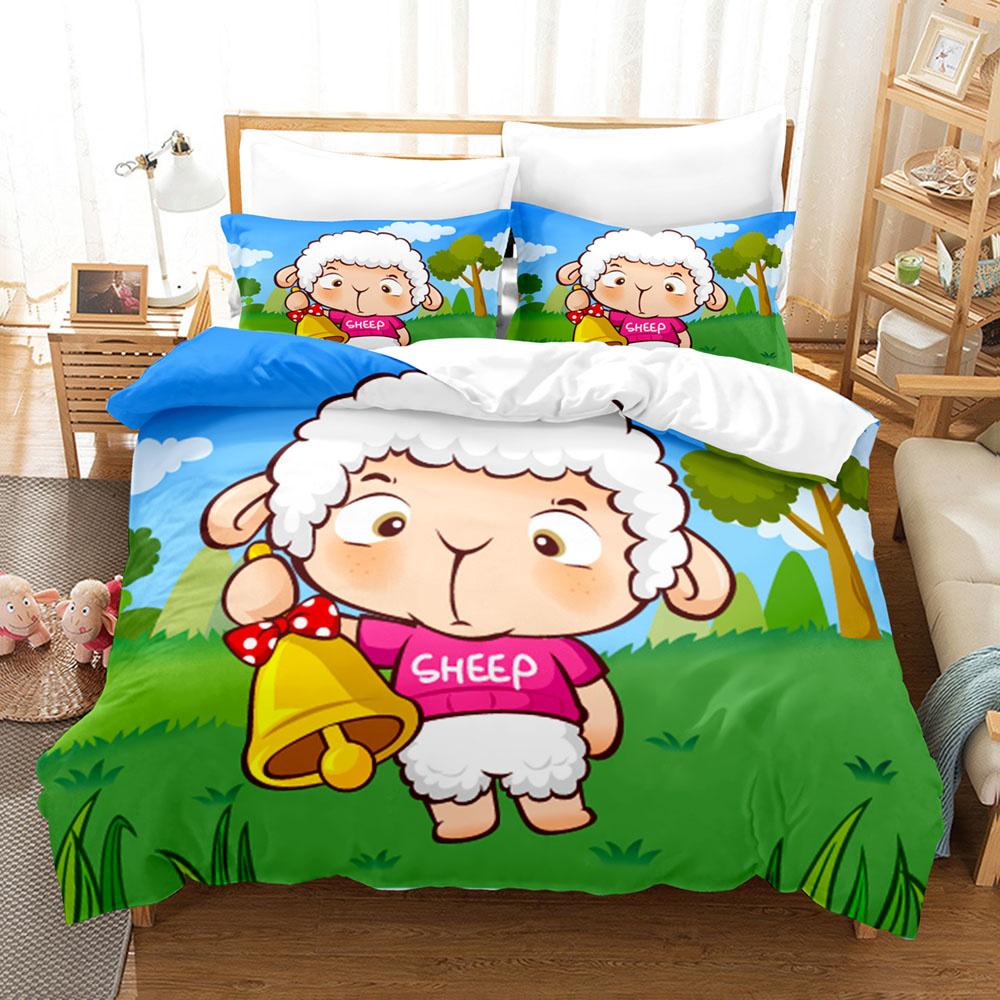 Cartoon Schaap Dekbedovertrek Set Schattig Wit Schaap Bloemen Patroon King Queen Full Size voor Kinderen Jongen Meisje Cadeau Polyester Beddengoed Set