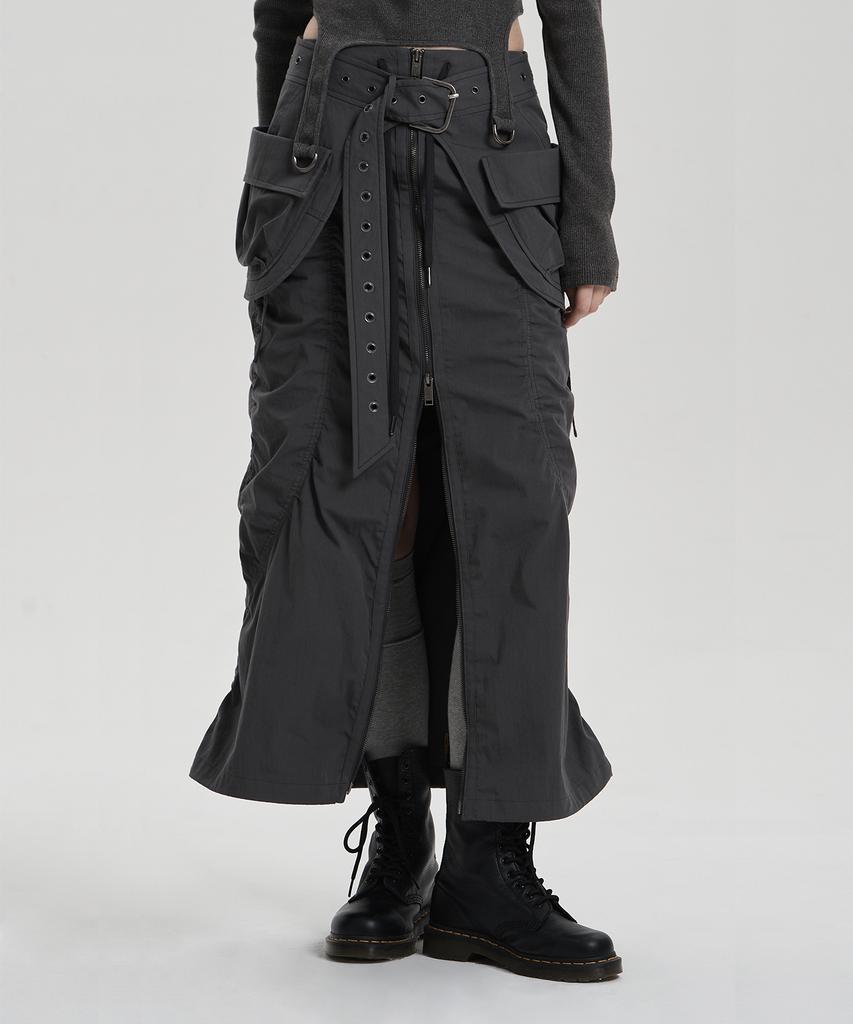 Jenyujeu Layered Belt Zipper Long Skirt - Charcoal
