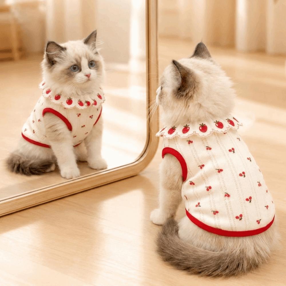 Cherry Pattern Cat Flower Edge Vest Sweet Pet Shirt Cute Cat Pullover  Pet Clothing