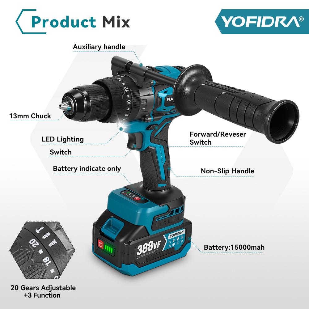 Yofidra 900 Nm Bezuhlíková elektrická príklepová vŕtačka 20+3 krútiaceho momentu 13 mm Bezdrôtový skrutkovač Vŕtačka Nástroj pre batériu Makita 18V