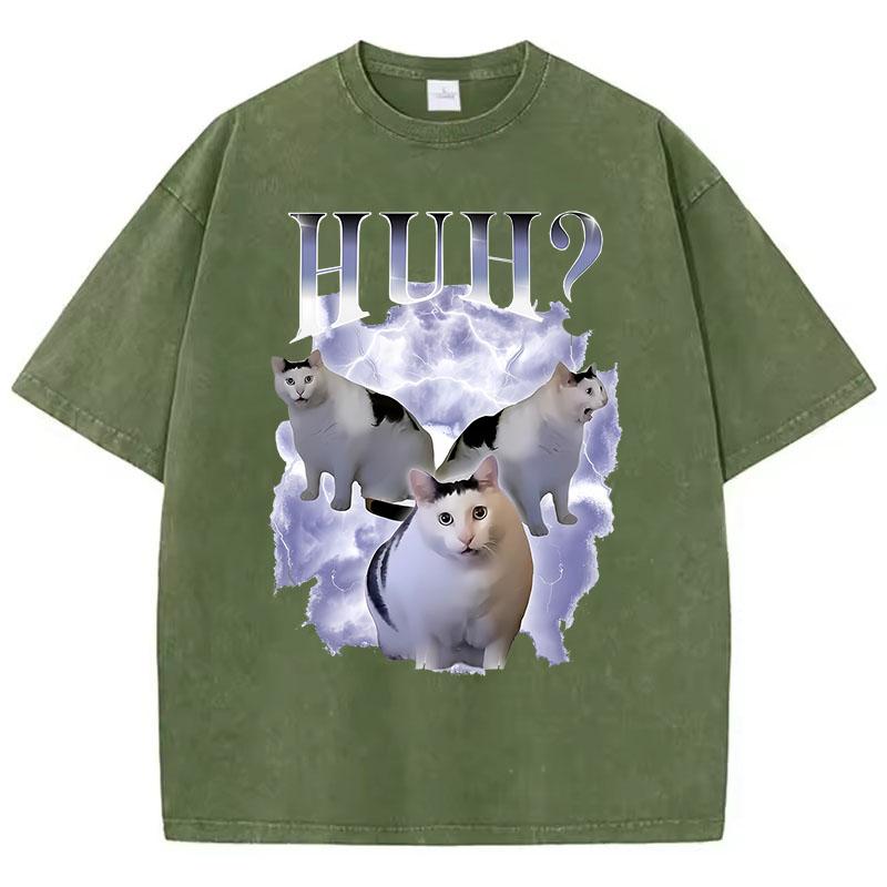 Lustiges T-Shirt Vintage Gewaschenes Baumwoll-T-Shirt Katze Spruch Huh? Meme Grafik T-Shirt Lässige Streetwear für Frühling Sommer Herbst