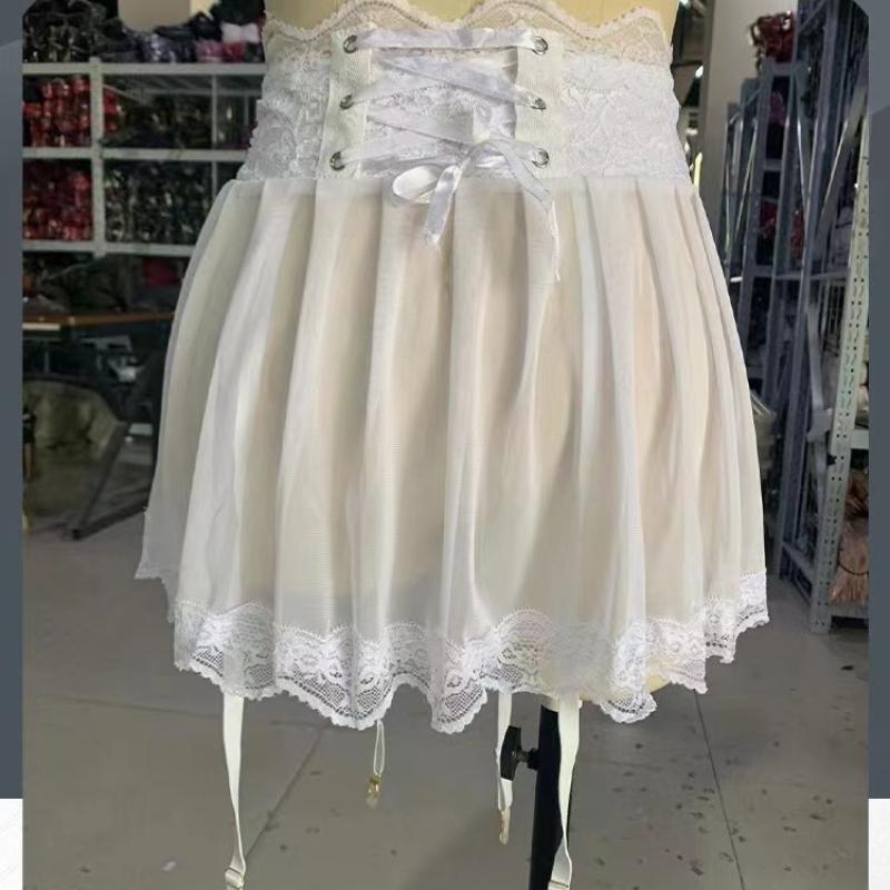 Sexy Transparent Lace Mini Skirt Women's Bow Decoration Chiffon Micro Skirt Lace Edge Sexy Women's Sleeping Skirt