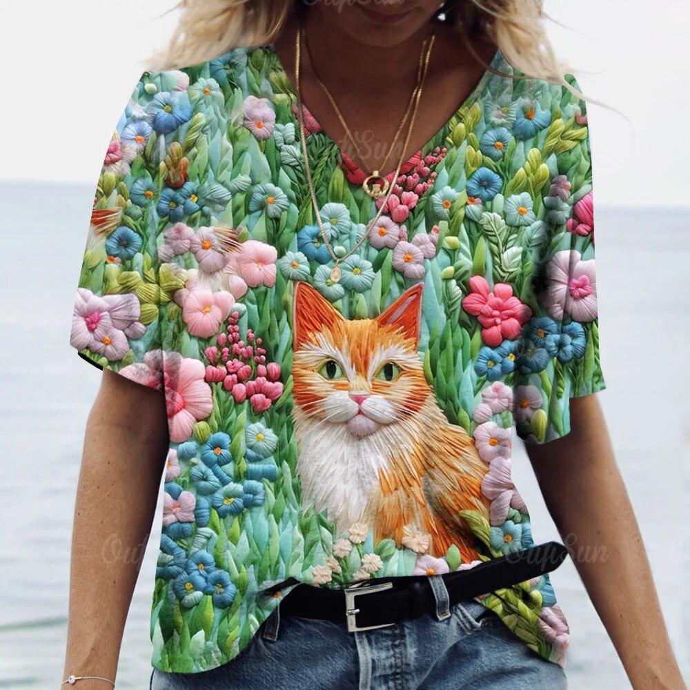 3D Katze Kurzarm T-Shirt 2024 Neu V-Ausschnitt Damen T-Shirt Lustiges Muster Pullover Oberteil Vintage Mode T-Shirt für Damen Oberteile EMA