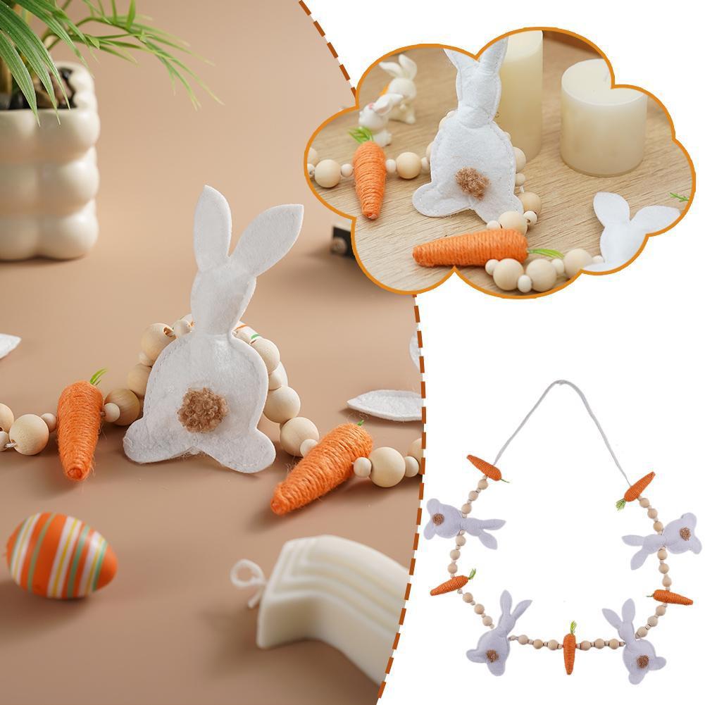Easter Bunny Garland, Carrot Wooden Beads Easter Garland For Mantle Hanging Decorations, Spring Egg Hunt Party Supplies