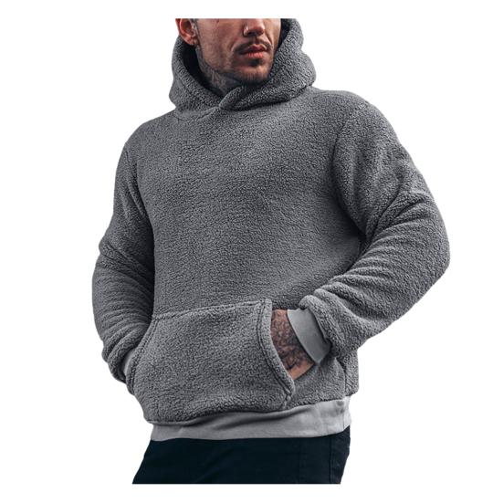 Yousheng Fall Winter Men Hoodie with Pocket Hooded Long Sleeves Solid Color Fleece Pullover Thick Keep Warm Men Daily Wear Casual Top