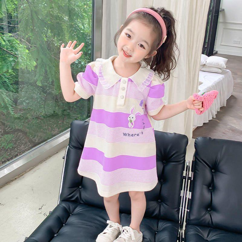 Girls Summer Striped Polo Dress Thin Short Sleeve Fashionable Casual Dress for Big Kids