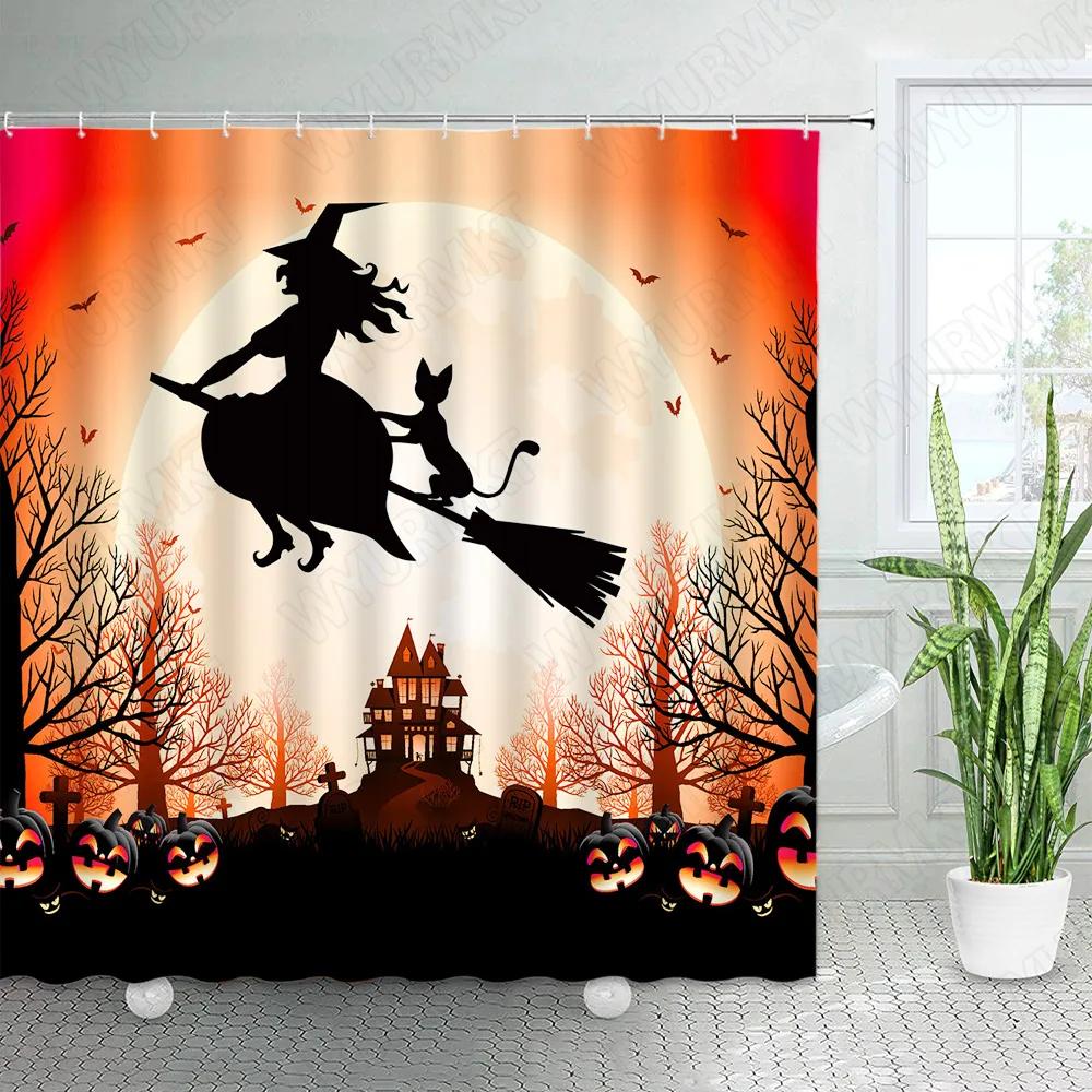 Horror Halloween Shower Curtain Funny Pumpkin Witch Black Cat Dead Tree Castle Night Scenery Fabric Bathroom Decor Bath Curtains