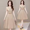 Office Lady Elegant Notched Collar Pleated Dress Korean Fashion Short Sleeve A-line Midi Vestido Belt Summer Casual Slim Dresses