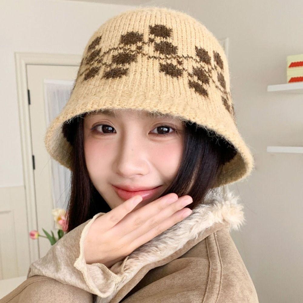 Ethnic Style Floral Knitted Bucket Hat Sweet Warm Fisherman Hat Jacquard Woolen Hat Outdoor