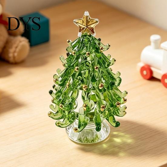Small Desktop Christmas Tree Glazed Glass Ornament with Star Topper, Colorful for Home Art, Faux Crystal Tabletop Decor Office Art
