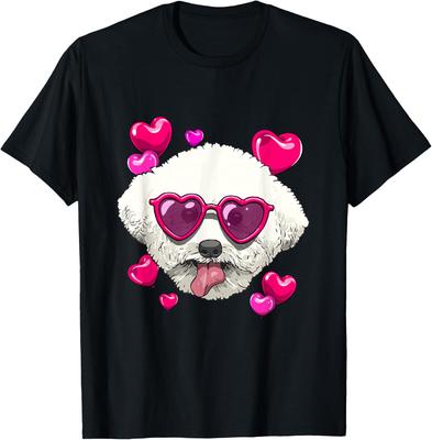 Pies Bichon Frise Serce Okulary Słoneczne Walentynki Graficzny T-shirt Miękki Bawełniany T-shirt Codzienne Topy