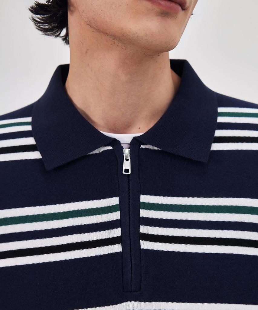 THEKNITCOMPANY Orea Stripe Zipper Polo Shirt - Astral Navy