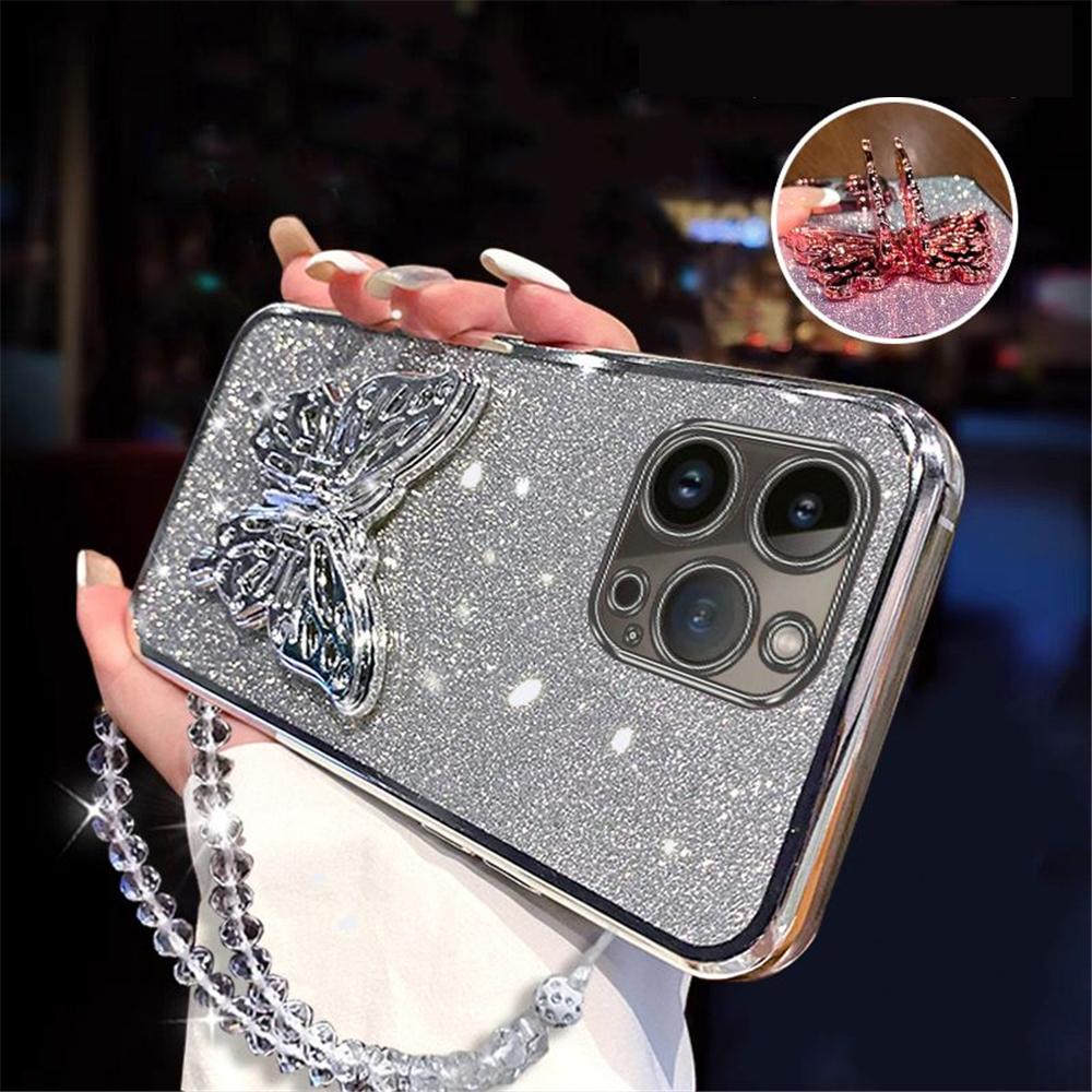 Soporte para teléfono de mariposa 3D Estuche pulsera de cristal para Huawei P30 Lite P40 P50 P60 Pro Pura 70 Ultra P Smart 2021 Y7A Cubierta brillante
