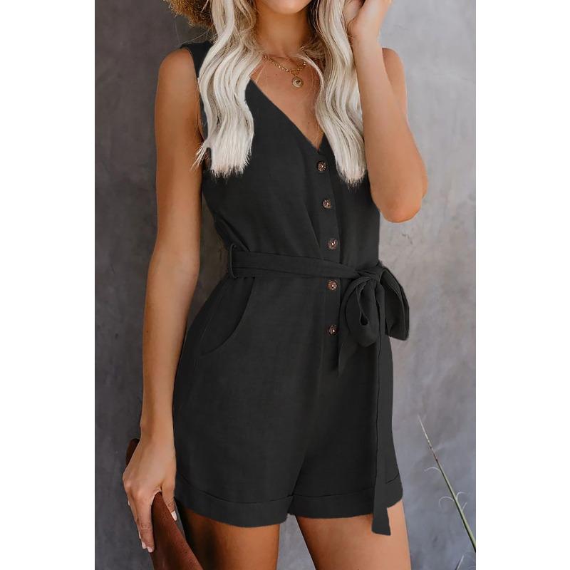 Solid Color Jumpsuit Women's Summer Fashion New Casual V-neck Bow Women's Five-point Shorts