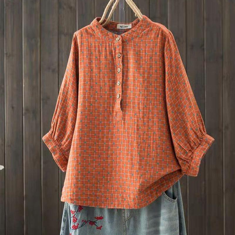 Short-sleeved Double-layer Cotton Yarn Shirt Women's Large Size Pullover Shirt Thin Stand-up Collar Shirt