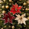 Decorațiuni Poinsettia din Catifea Flori Artificiale, Cluster de Mărgele Realizat Manual Crăciun cu Material Textil Strălucitor Auriu Tije Florale Decorative Petale, Reutilizabile