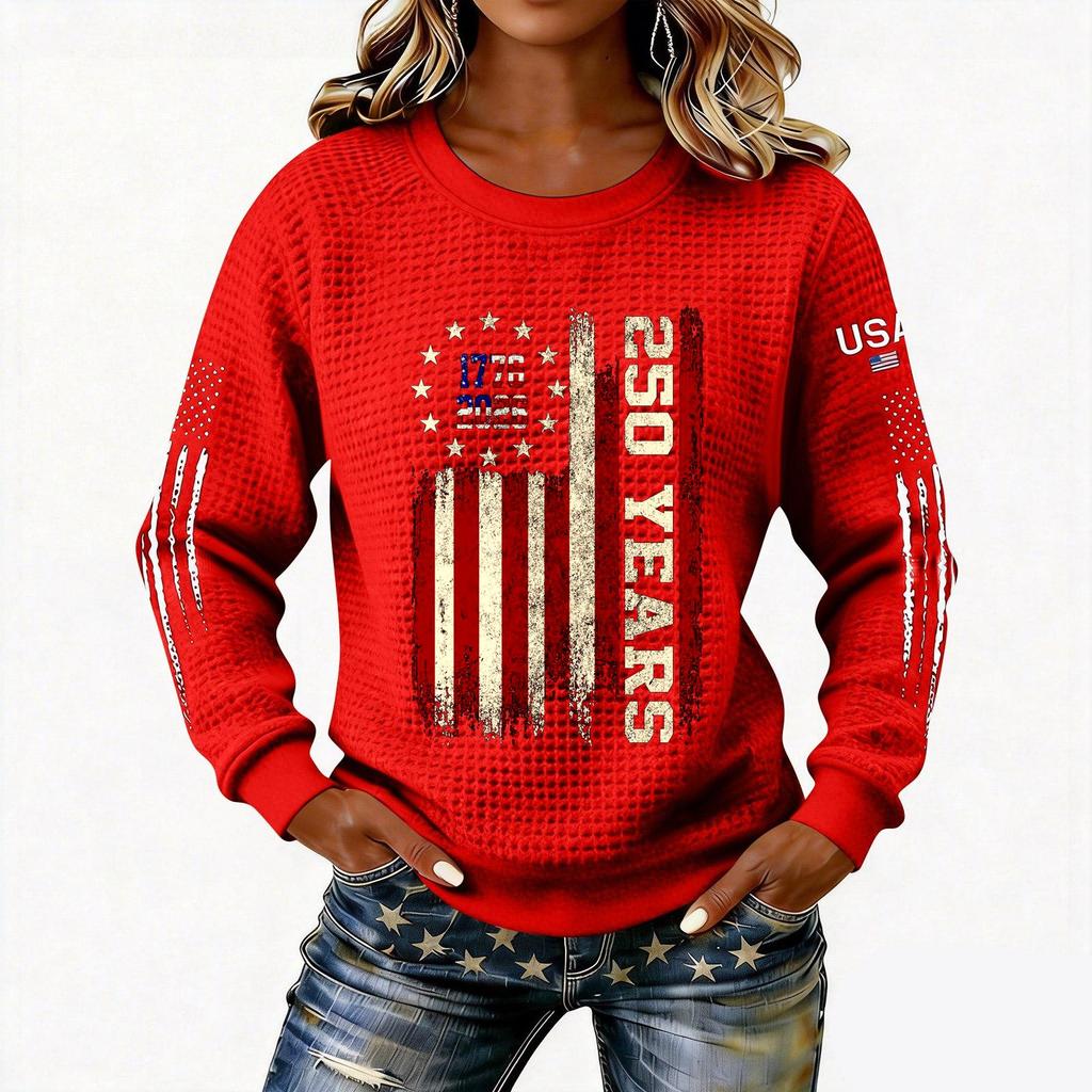 Women's Lightweight Long Sleeve Pullover Sweatshirt 250 Years Anniversary Graphic Crewneck Top USA Themed Casual Wear