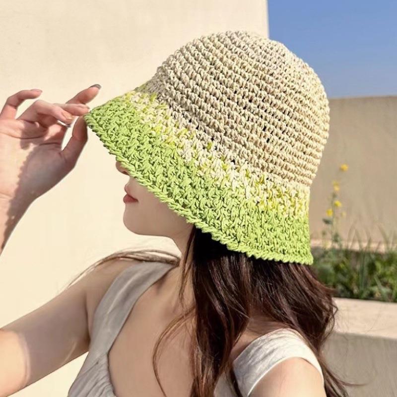Purple Straw Hat for Women's Summer Outings Sun Protection and Shade Beach Fisherman Hat Color Blocked Grass Woven Basin Hat
