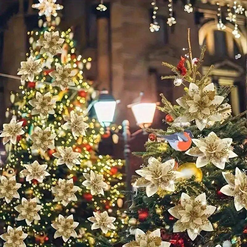 New Year Xmas Tree Ornaments Gift 1Pc for Home 14cm Glitter Artificial Christmas Flowers Merry Christmas Decorations Accessories