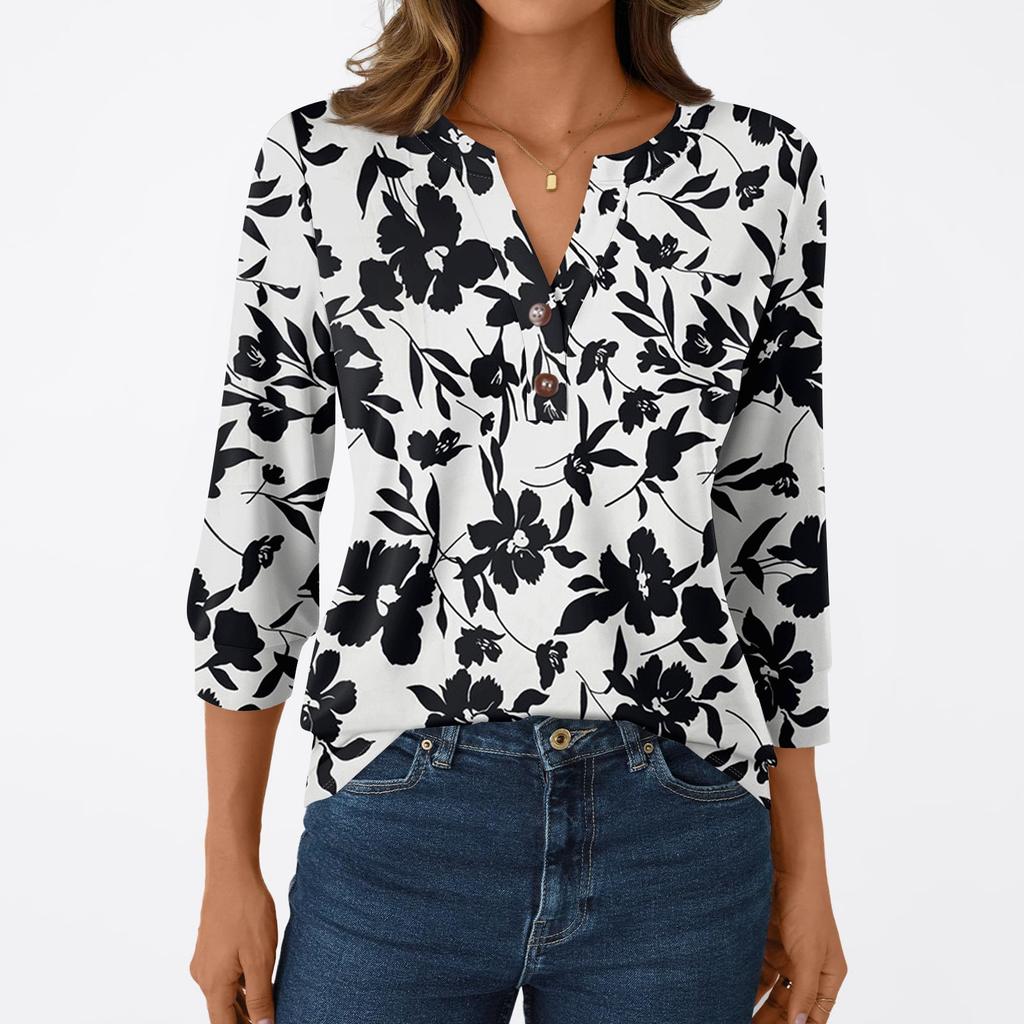 Women's Fashion Casual 3/4 Sleeve T-Shirt Prints V-Neck Button Top