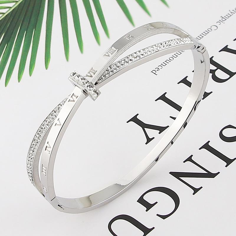 New Stainless Steel Jewelry Crystal Bracelets Intersection Roman Numerals Bangle for Women's Who Love Gifts Wholesale