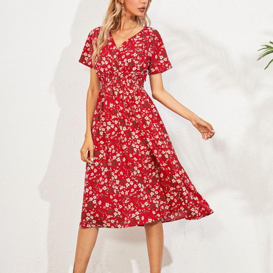 Kleid mit Blumendruck, lockeres Damen-Sommerkleid mit V-Ausschnitt für den Urlaub