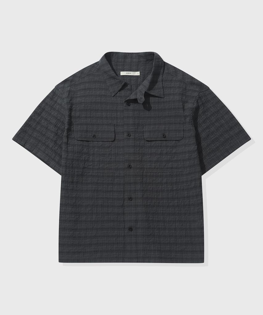 KIIMUIR [Crop] Crease Roll-Up Check Crop Short Sleeve Shirt_Charcoal [Select Sleeveless]