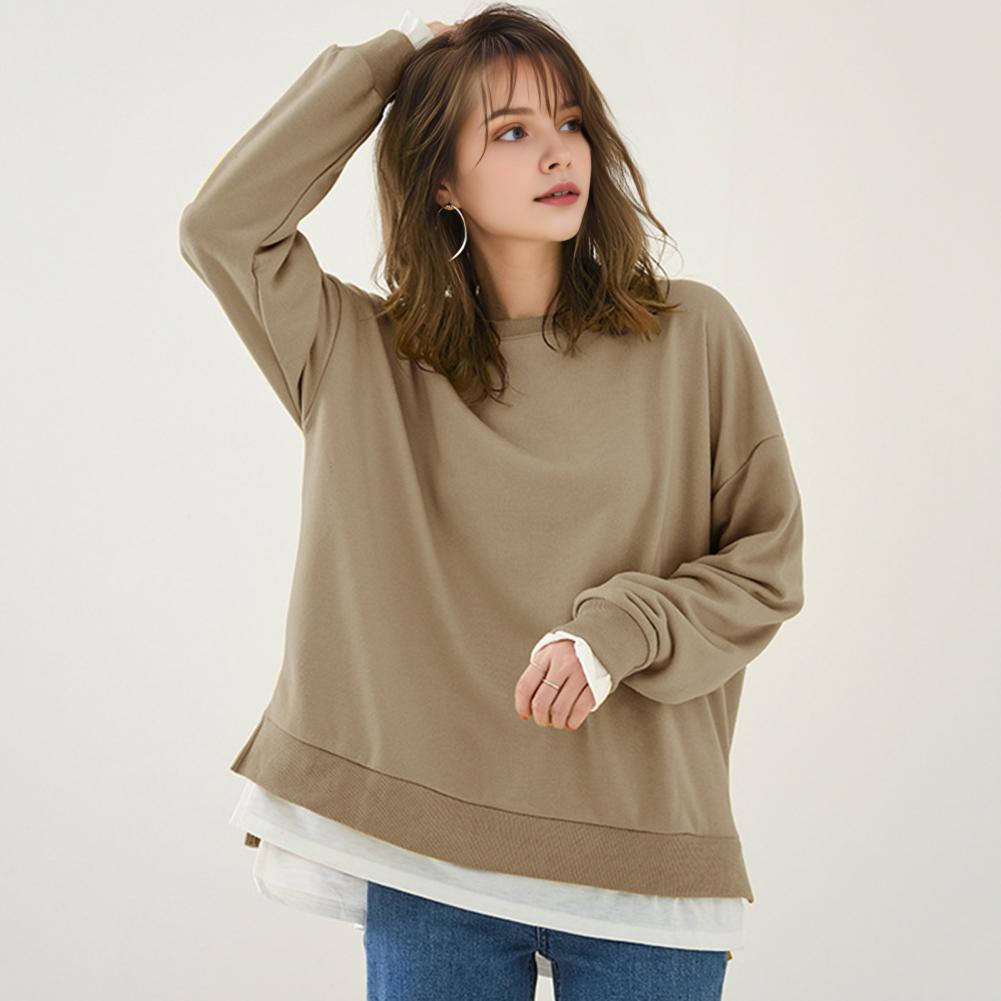 Felpa da donna, girocollo, manica lunga, tinta unita, vestibilità ampia, pullover, finti due pezzi, design con spacchi laterali, casual, sportive