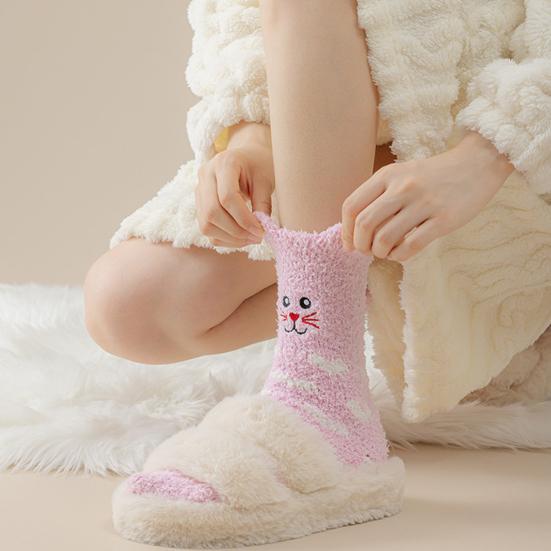 Nadýchané zimní posádkové ponožky Roztomilá zvířecí výšivka Teplé ponožky Silné chlupaté plyšové Medvěd Kočka Termoponožky pro ženy Spánek Doma Lenošení
