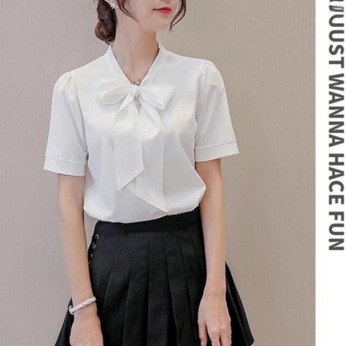 Summer Women Pink White Chiffon Blouse Fashion Korean Style Bow Tie Collar Ladies Shirt Office Casual Short Sleeve Base Top