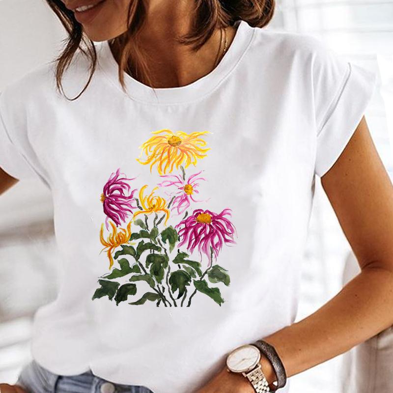 (Asian Size) Women Plant Lovely Flower Trend Cute Short Sleeve Print Tee Top Tshirt  Lady Female Clothing Summer Fashion Casual Graphic T-shirt