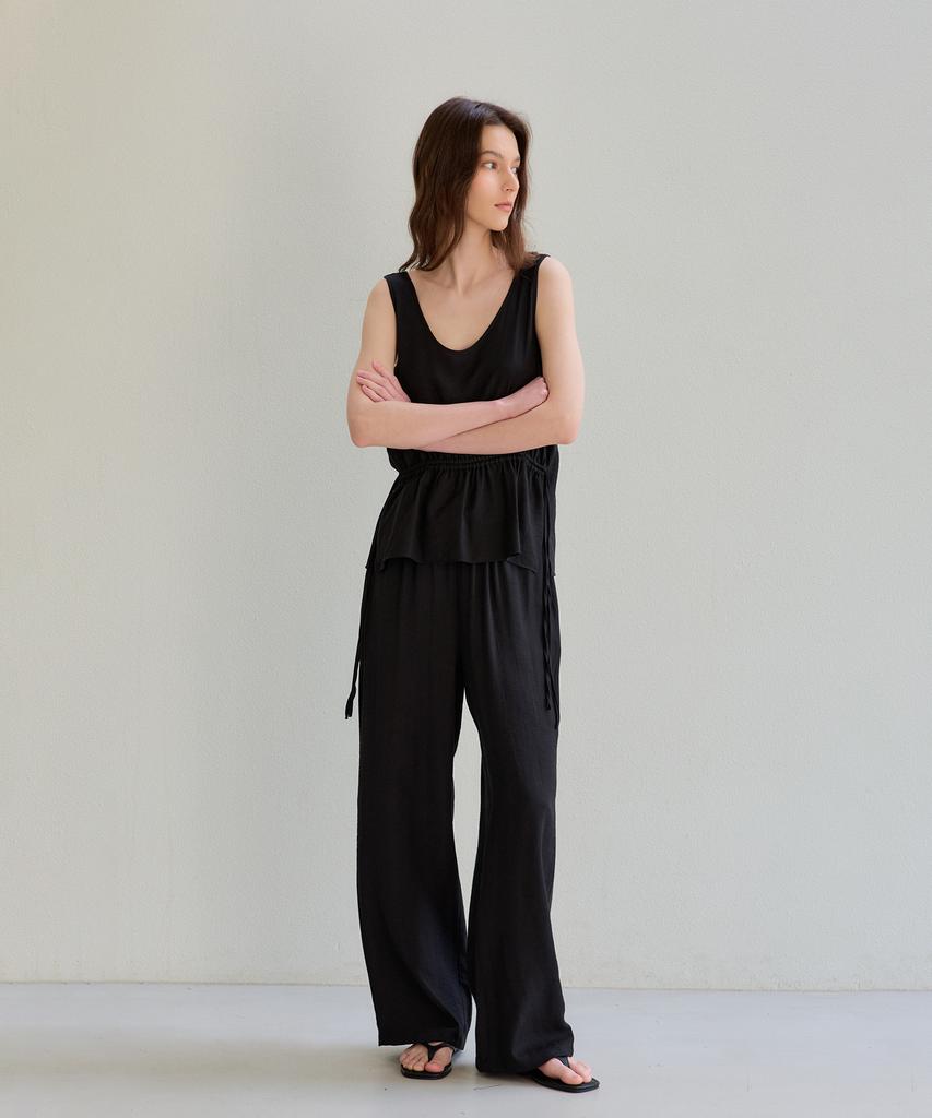 THEELO Airy Linen Blend Elastic Waist Pants (Black)