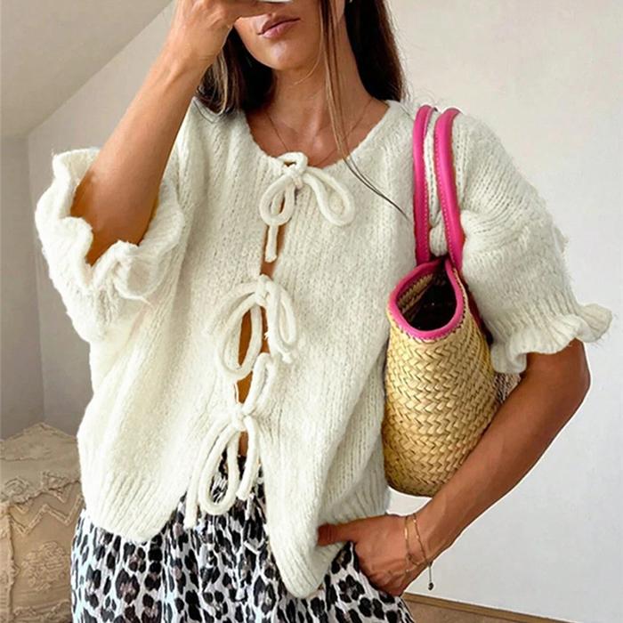 Solid Color Ruffles Three-quarter Sleeves Cardigan Women‘s - Knit Sweater Drawstring Open Front