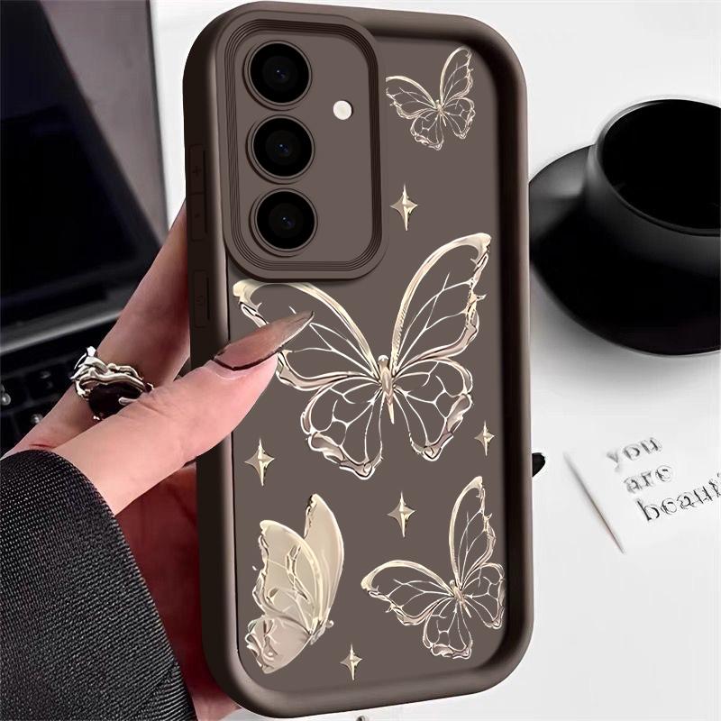 Gold Butterfly Print Case For Samsung Galaxy S25 S22 S23 Ultra S24 FE A56 A17 A36 A26 A55 A16 A15 A35 A25 A54 5G Soft TPU Cover