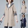Spring Fall Women Jacket Hooded Long Sleeves Drawstring Plus Size Pockets Zipper Closure Windbreaker Mid Length Solid Color Big Pockets Windproof Warm